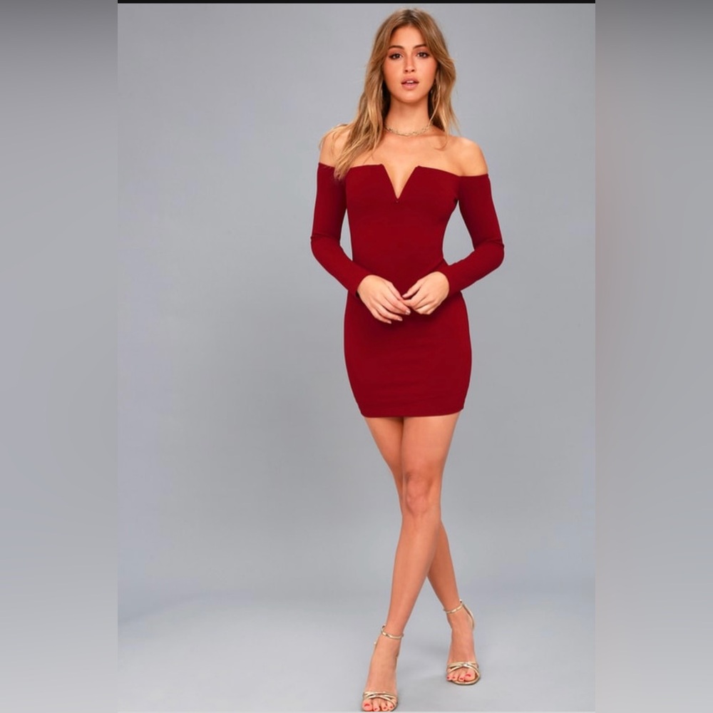 Lulus Over the Swoon Wine Red Off-the-Shoulder Bodycon Dress